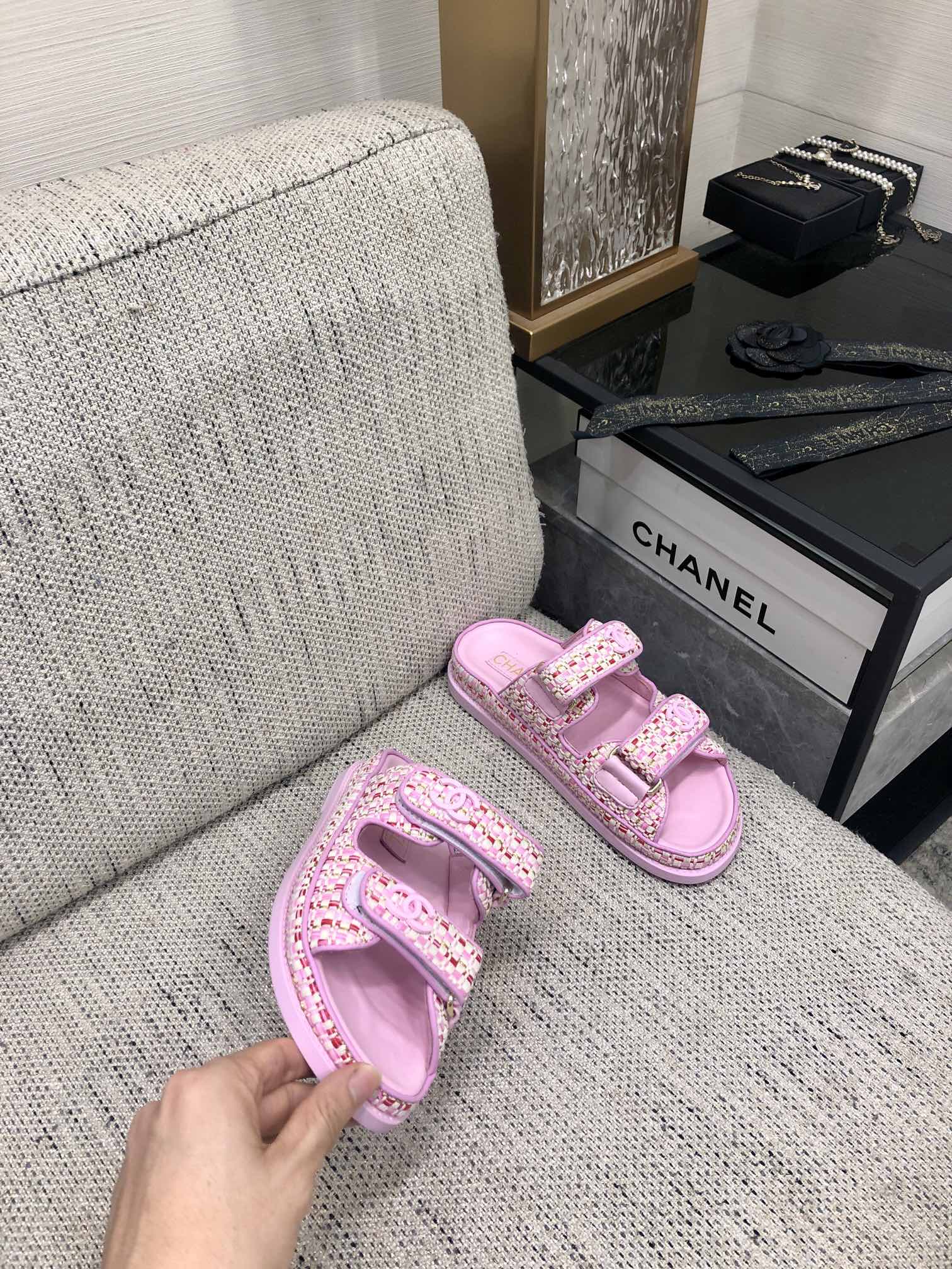 Chanel Pink Tweed Velcro Sandals - Luxurious and Comfortable Slides 10 i1717014990 576 2