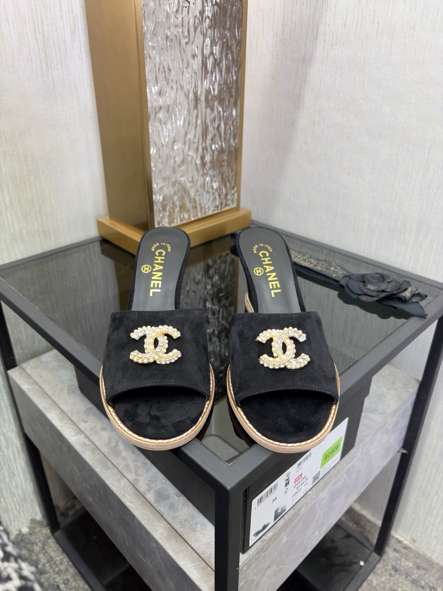 Chanel Pearl CC Wedge Mules