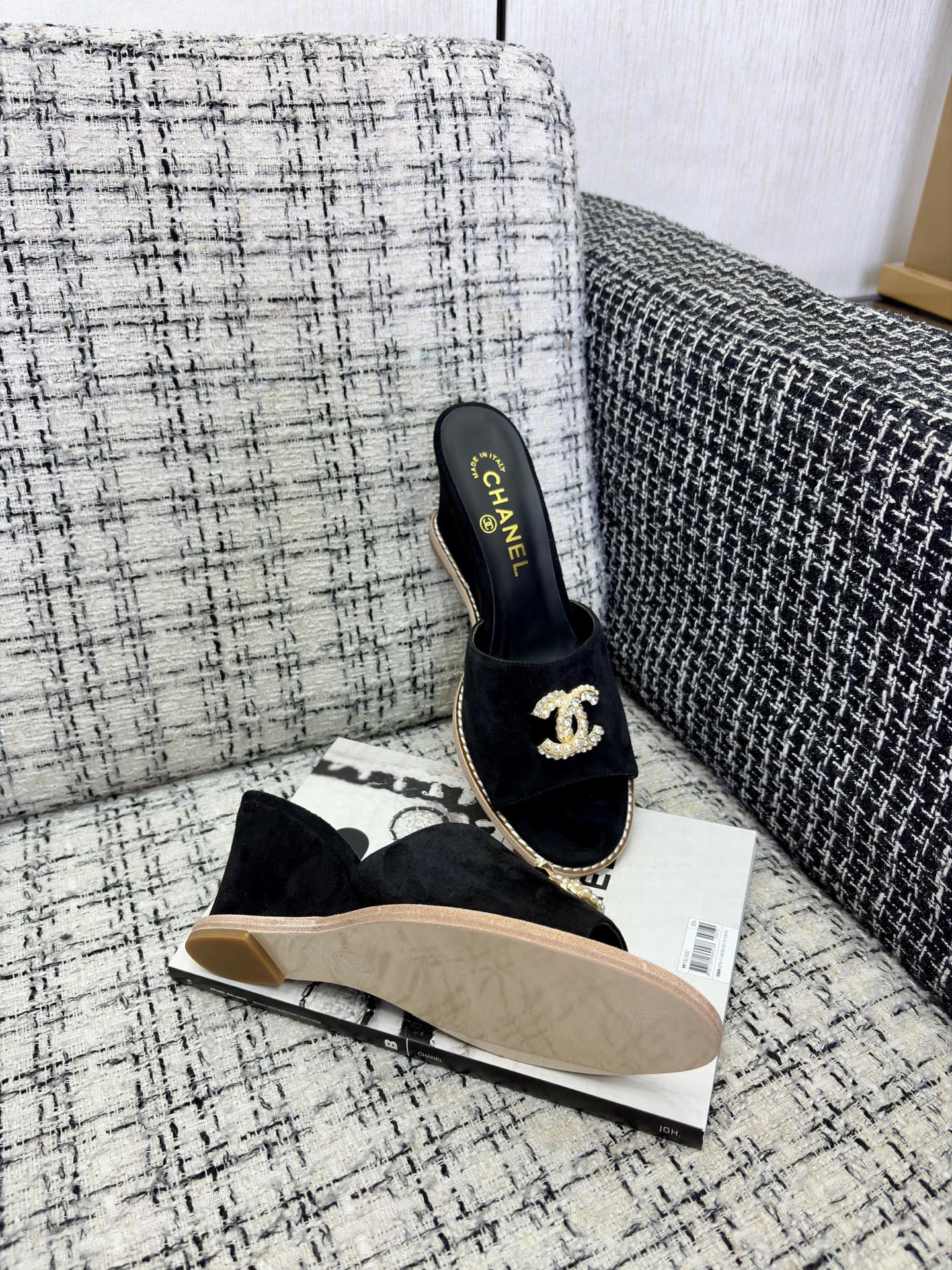 Chanel Pearl CC Wedge Mules