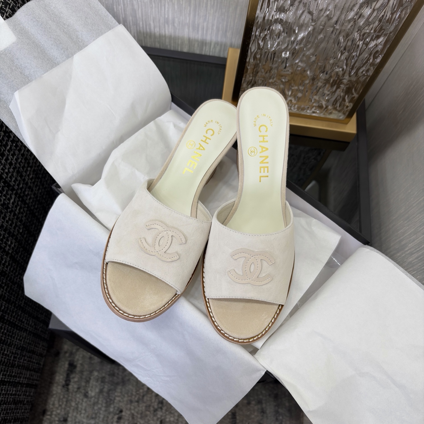 Chanel Pearl CC Wedge Mules