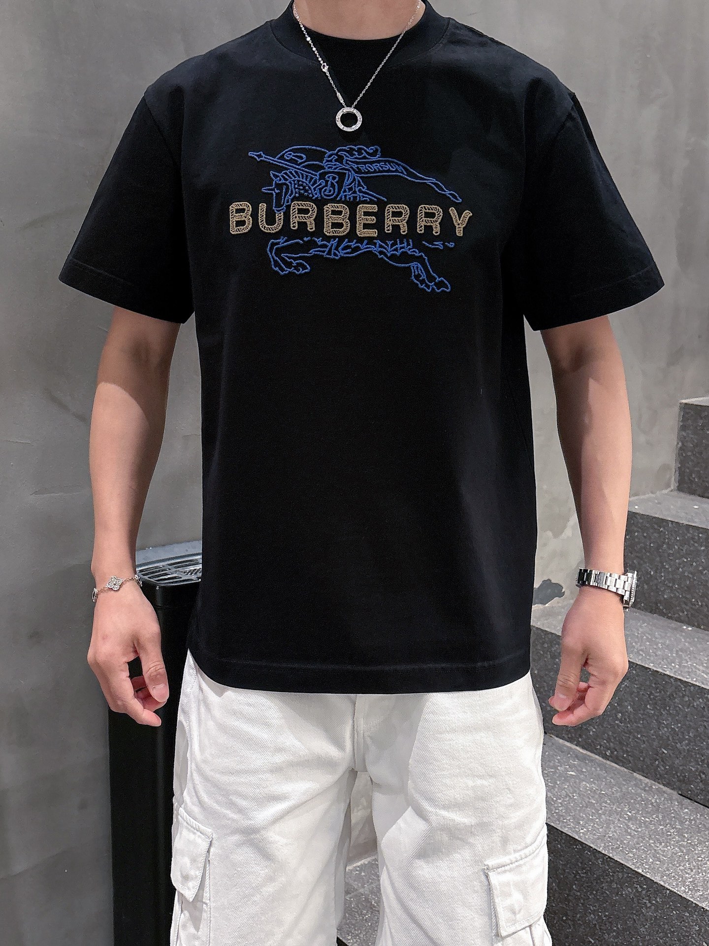 Burberry Men's Black Cotton T-Shirt with Embroidered Horse and Logo 3 i1742580808391 9909 0 1
