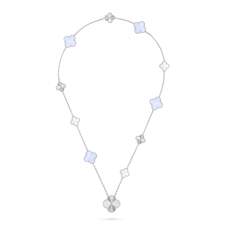 Collier Van Cleef Arpels Magic Alhambra Or blanc avec nacre blanche et calcédoine 82cm