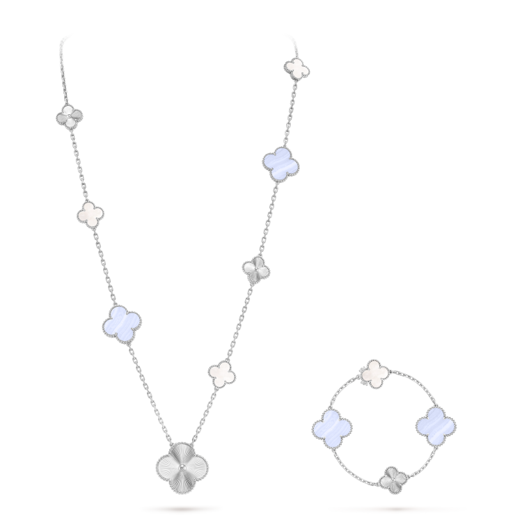 Collier Van Cleef Arpels Magic Alhambra Or blanc avec nacre blanche et calcédoine 82cm