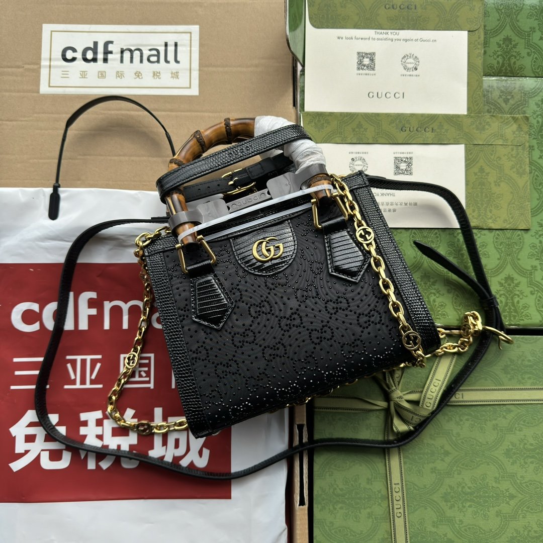原厂皮配Cdfmall三亚免税店手提袋DIANA系列超级优雅迷人且光泽感的稀有黑色蜥蜴纹包包搭配羊皮内里