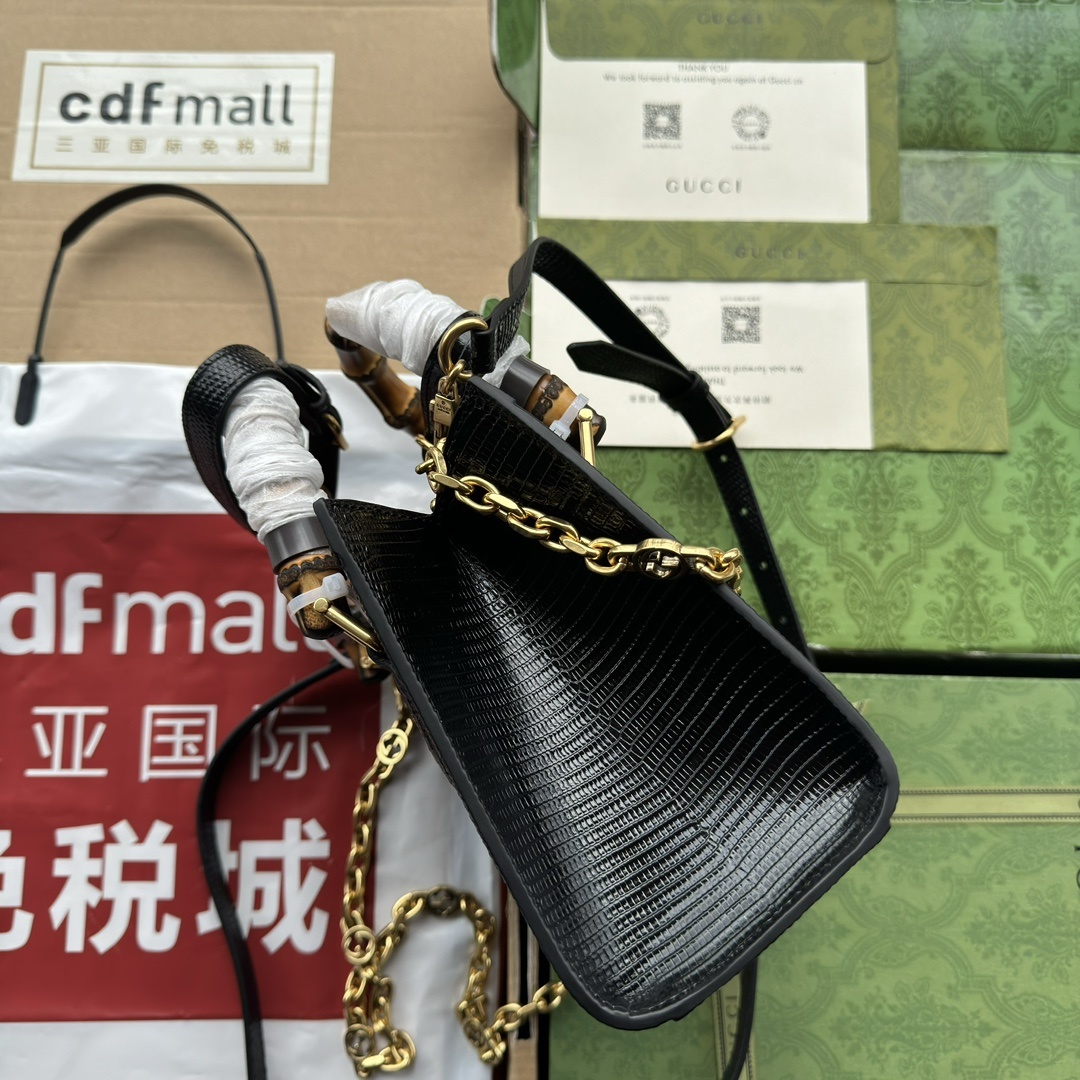 原厂皮配Cdfmall三亚免税店手提袋DIANA系列超级优雅迷人且光泽感的稀有黑色蜥蜴纹包包搭配羊皮内里