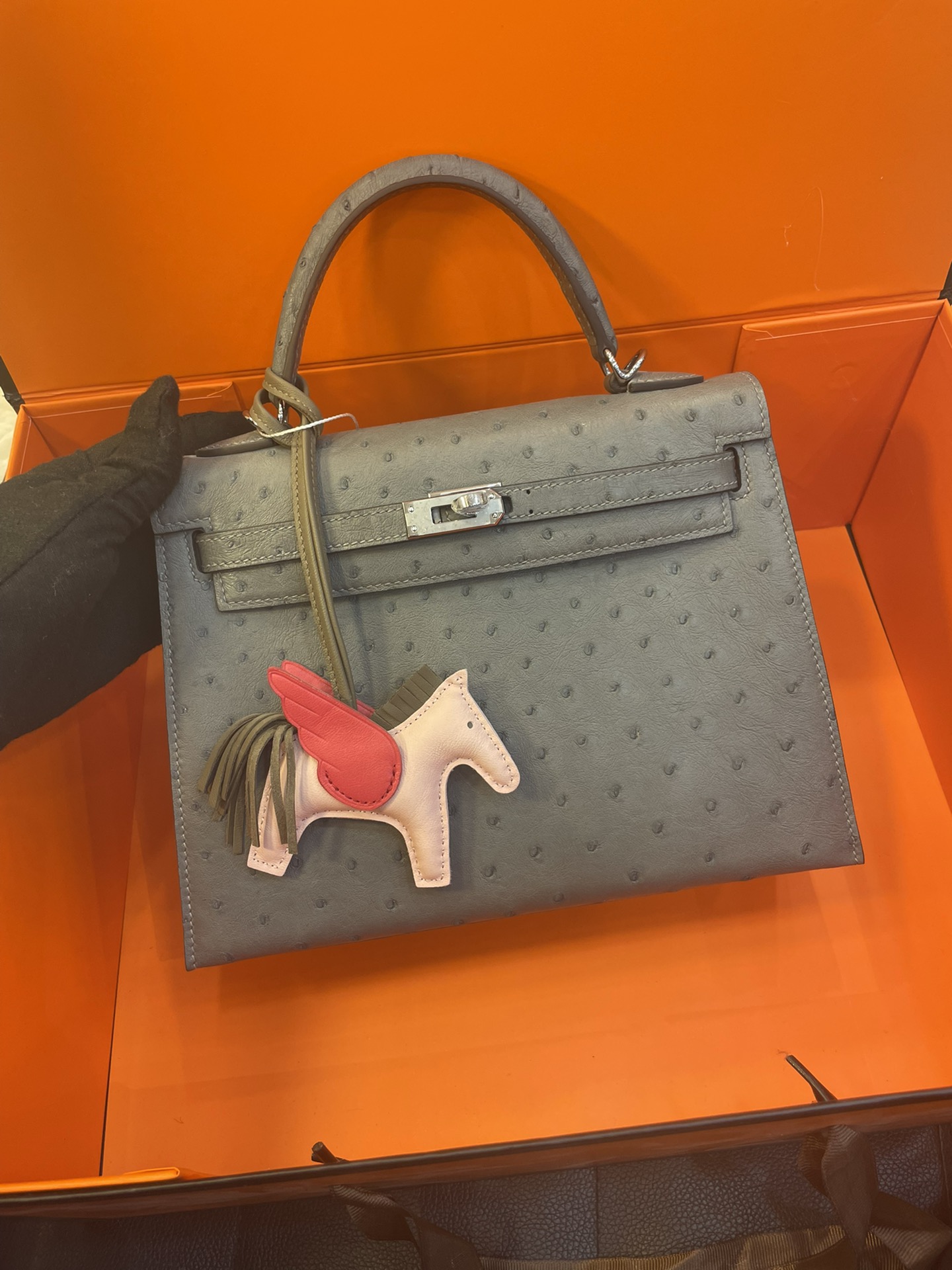 Hermes Kelly Handbags Crossbody & Shoulder Bags Grey Silver Hardware Ostrich Leather