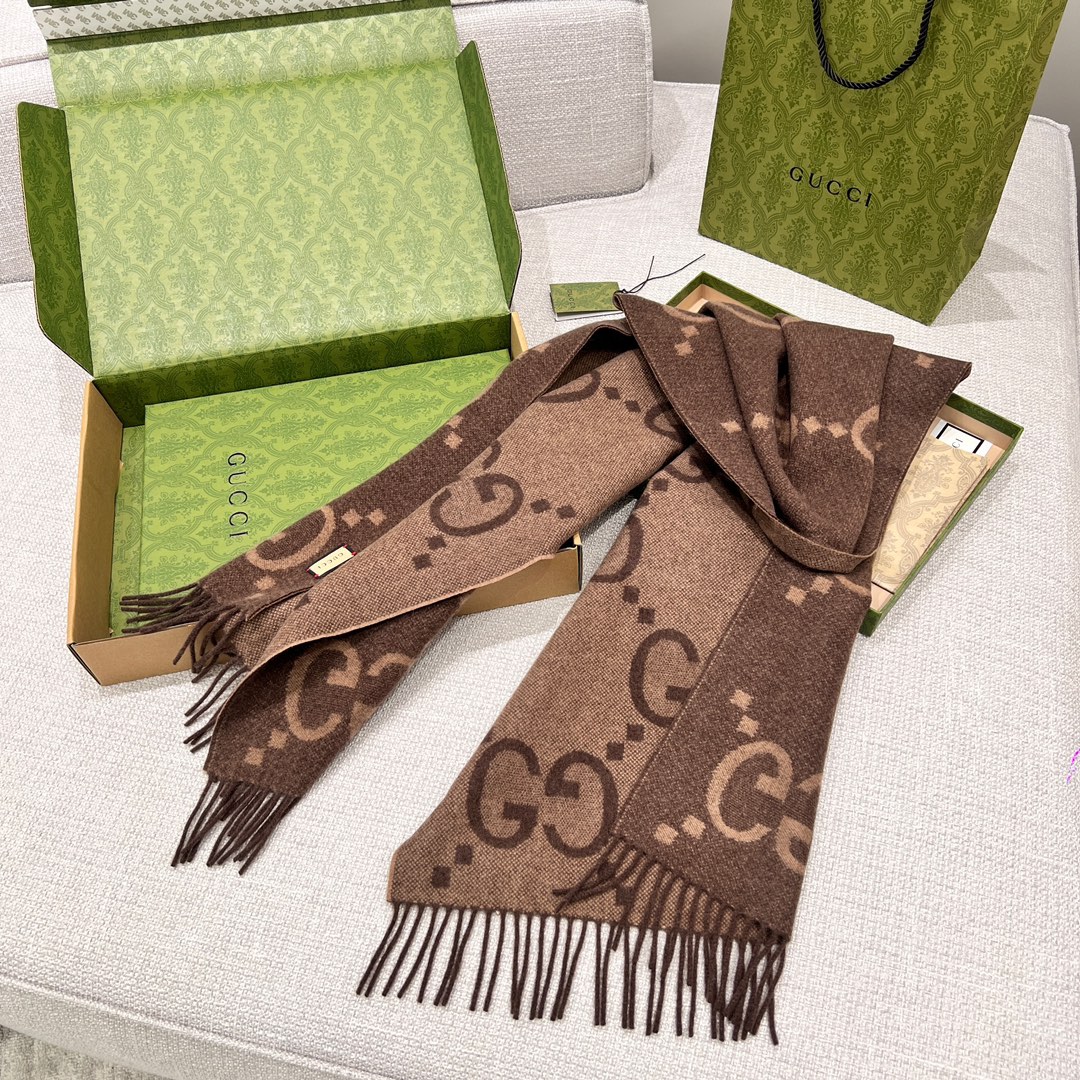 Gucci Caramel Cashmere Scarf & Beanie Set with G Jacquard 5 i1700974559 425 0
