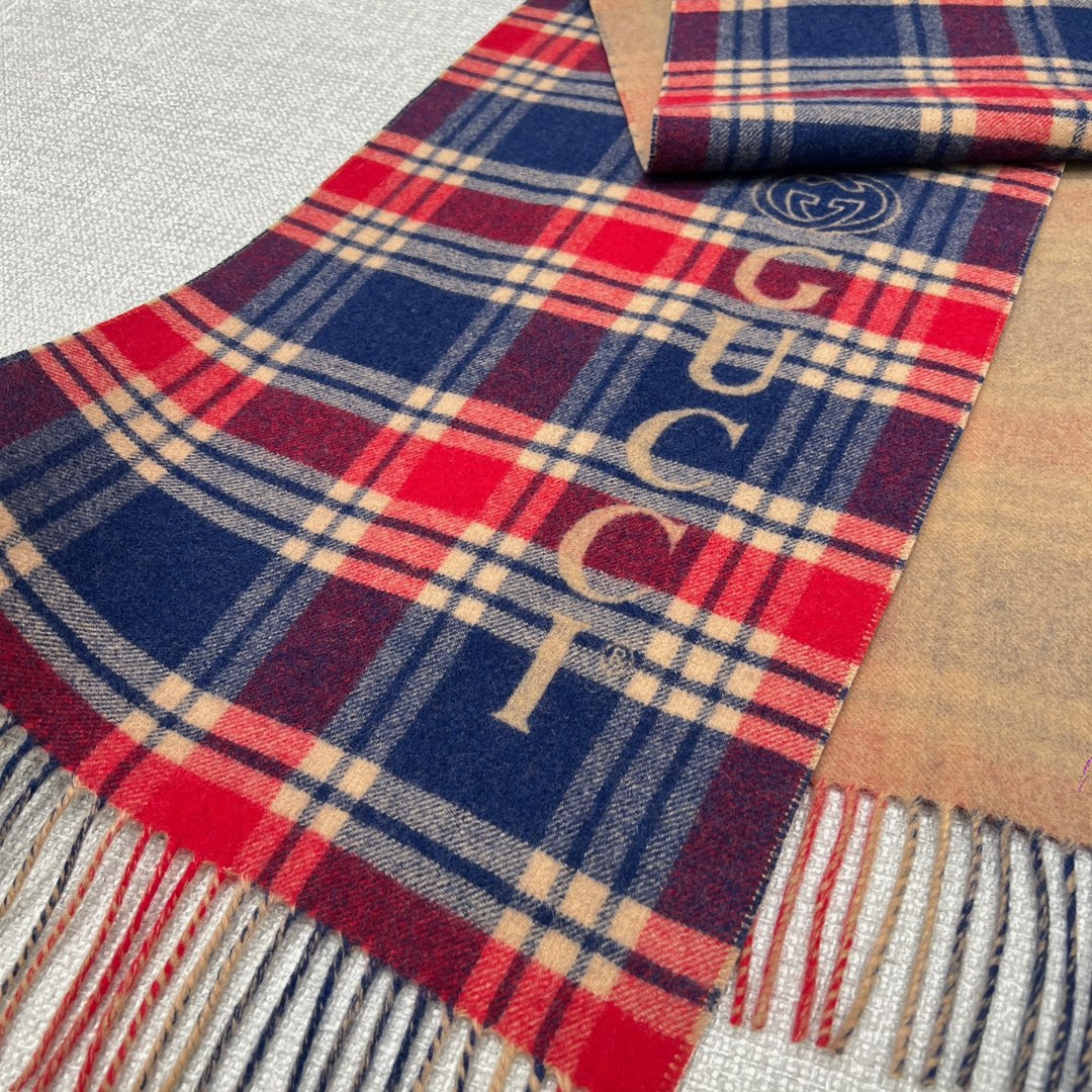 Gucci Reversible Wool & Cashmere Plaid Scarf - Blue & Camel, 35x200cm 4 i1702526716 3137 4