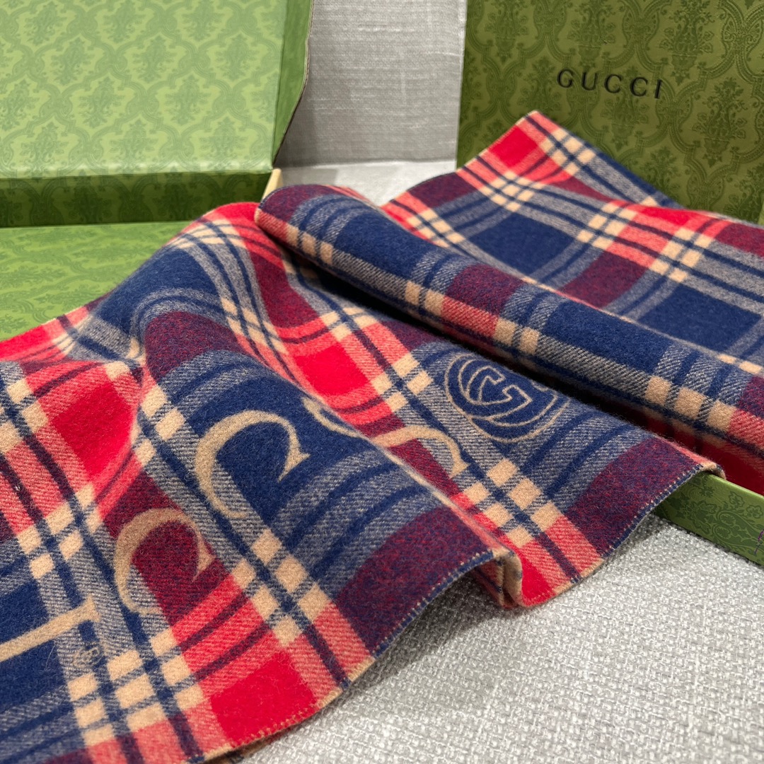 Gucci Reversible Wool & Cashmere Plaid Scarf - Blue & Camel, 35x200cm 8 i1702526716 3753 8