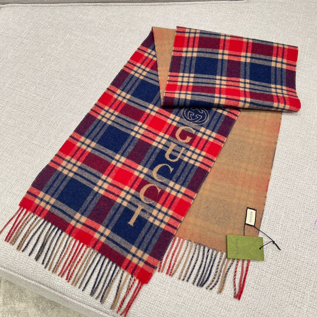 Gucci Reversible Wool & Cashmere Plaid Scarf - Blue & Camel, 35x200cm 2 i1702526716 7502 5