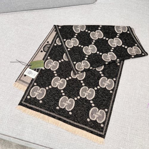 Gucci Jacquard Wool Blend Shawl with Metallic Thread-Black and Ivory 1 Gucci Jacquard Wool Blend Shawl with Metallic Thread-Black and Ivory