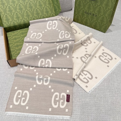 Gucci Classic GG Pattern Wool Silk Scarf - Beige & Gray, 35x190cm 1 Gucci Classic GG Pattern Wool Silk Scarf - Beige & Gray, 35x190cm