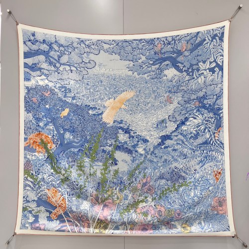Hermes Silk & Cashmere Shawl - Return to Nature Design in Blue, 140x140cm 1 Hermes Silk & Cashmere Shawl - Return to Nature Design in Blue, 140x140cm