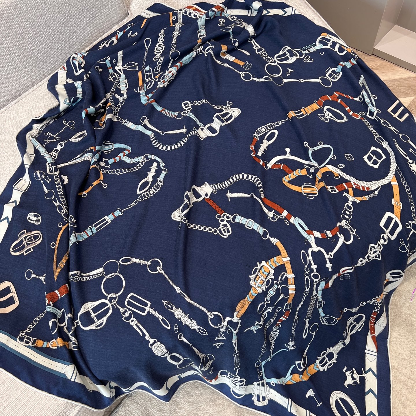 Hermes New 'Dancing Horses' Navy Blue Velvet Shawl - 136 x 137cm 4 i1739503037950 7892 0 2