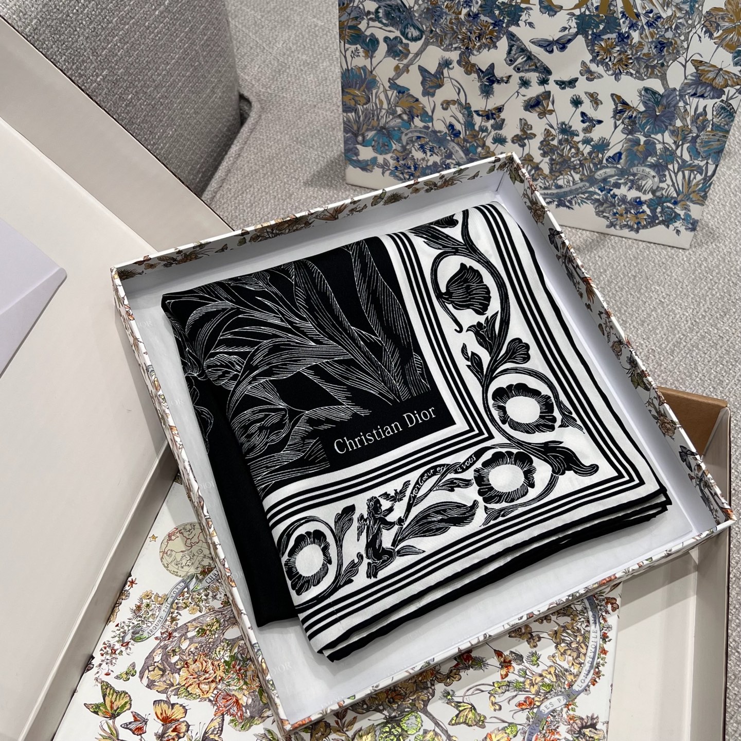 Dior Black & White Floral Frame Silk Scarf, 90x90cm, Hand-Rolled Edges 7 i1743222543811 5691 0 7