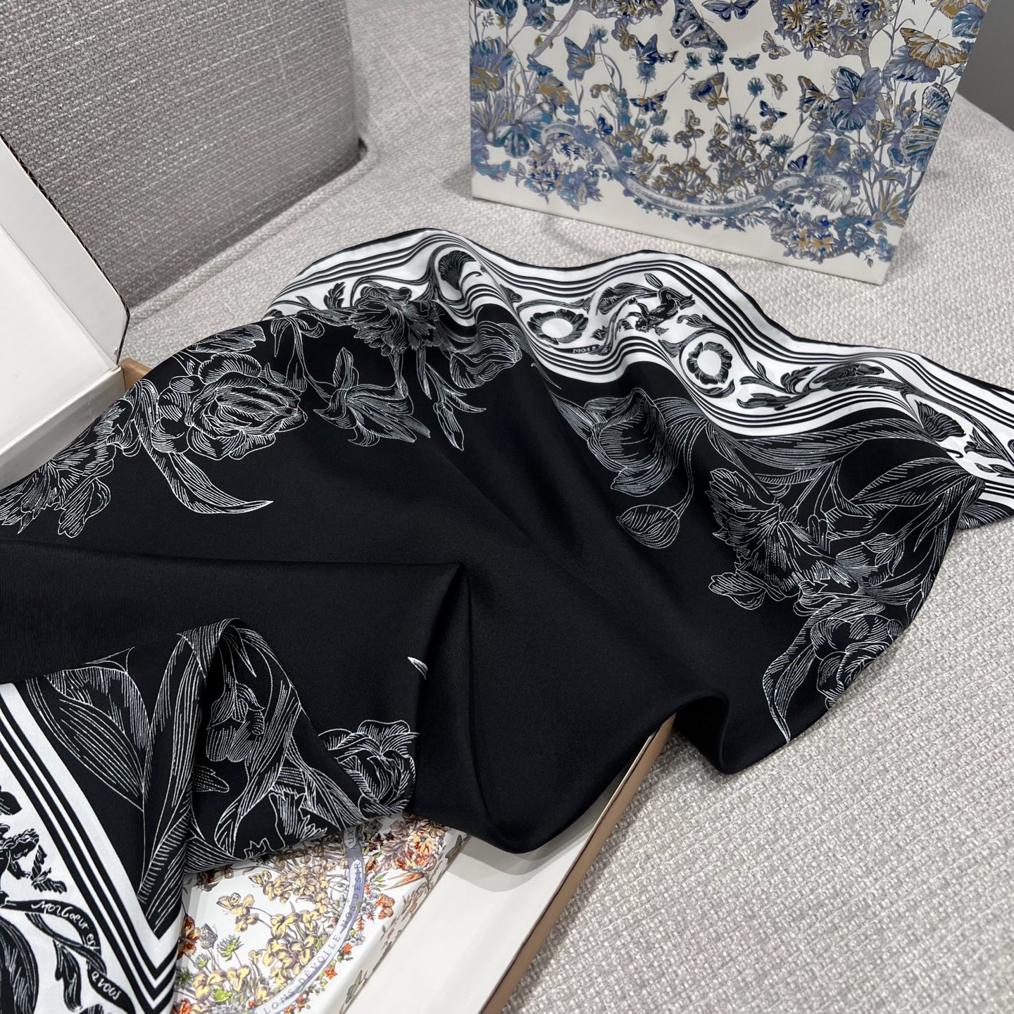 Dior Black & White Floral Frame Silk Scarf, 90x90cm, Hand-Rolled Edges 8 i1743222544537 9014 0 6