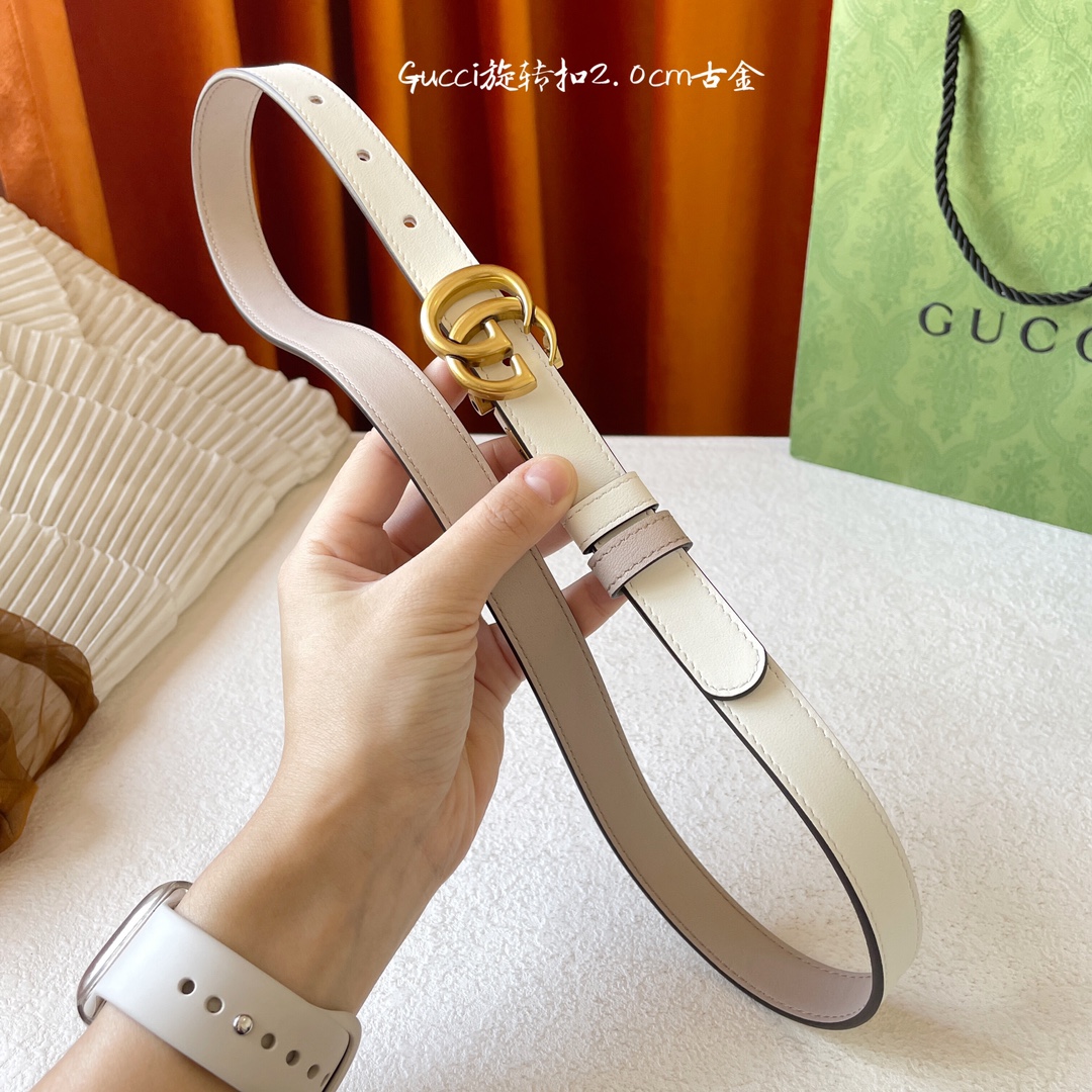 P155⛵️代购正品级 Gucci 古驰 女士腰带 新品 一面白色平纹 另一面裸粉色平纹小牛皮 搭配可旋转精品铜扣 双面🉑️用 皮带宽2.0cm