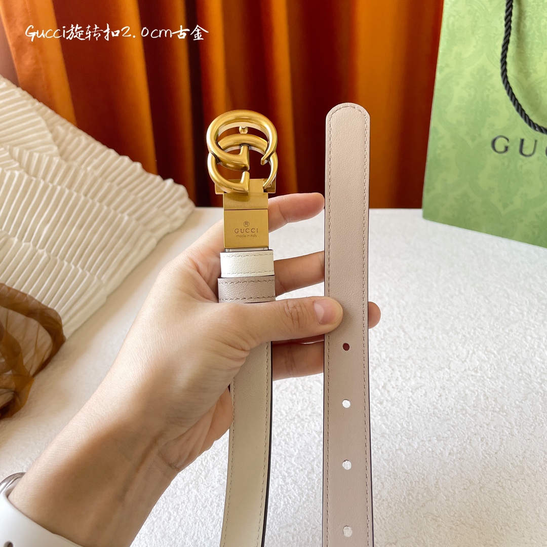 P155⛵️代购正品级 Gucci 古驰 女士腰带 新品 一面白色平纹 另一面裸粉色平纹小牛皮 搭配可旋转精品铜扣 双面🉑️用 皮带宽2.0cm