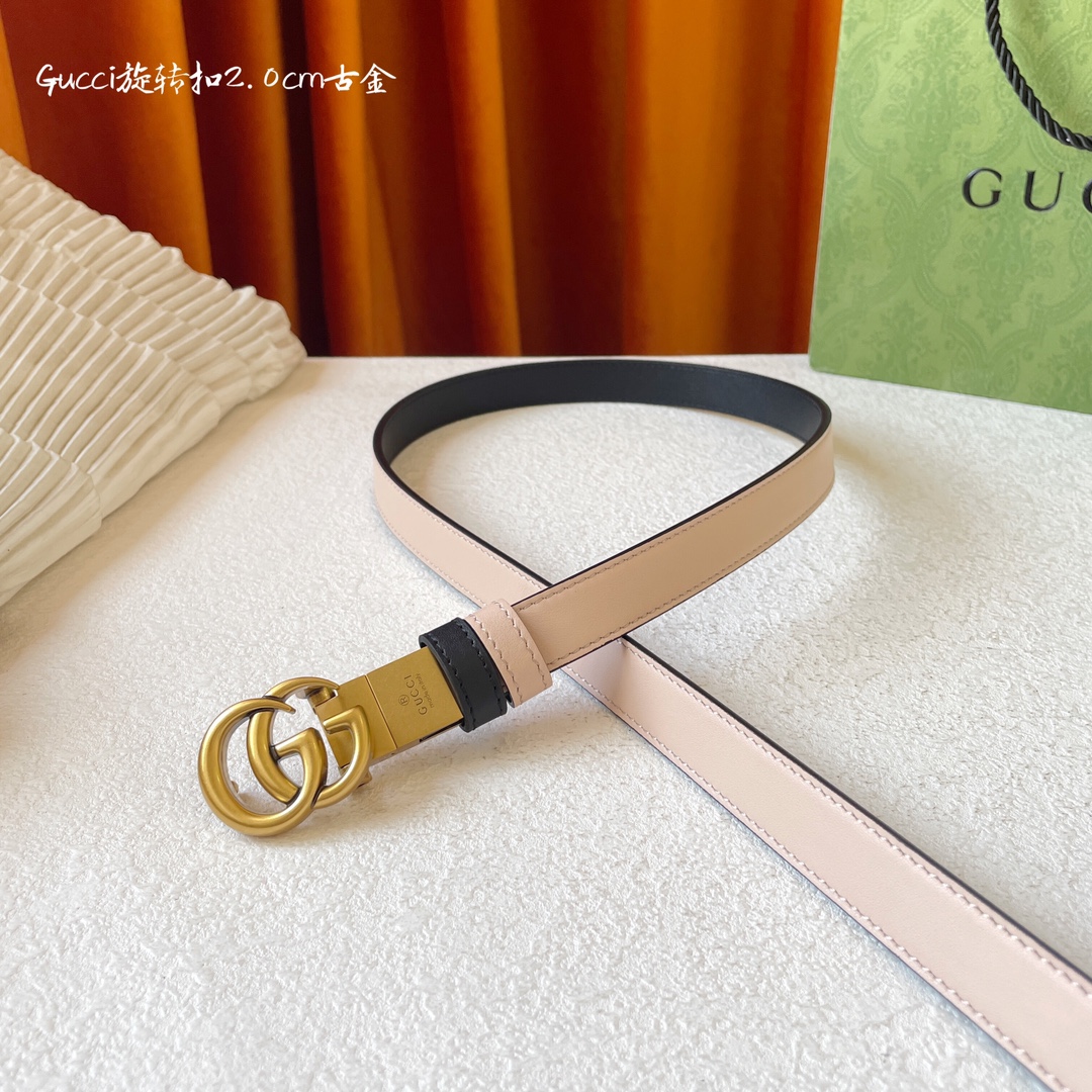 P155⛵️代购正品级 Gucci 古驰 女士腰带 新品 一面黑色平纹 另一面裸粉色平纹小牛皮 搭配可旋转精品铜扣 双面🉑️用 皮带宽2.0cm