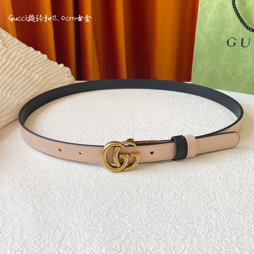 P155⛵️代购正品级 Gucci 古驰 女士腰带 新品 一面黑色平纹 另一面裸粉色平纹小牛皮 搭配可旋转精品铜扣 双面🉑️用 皮带宽2.0cm