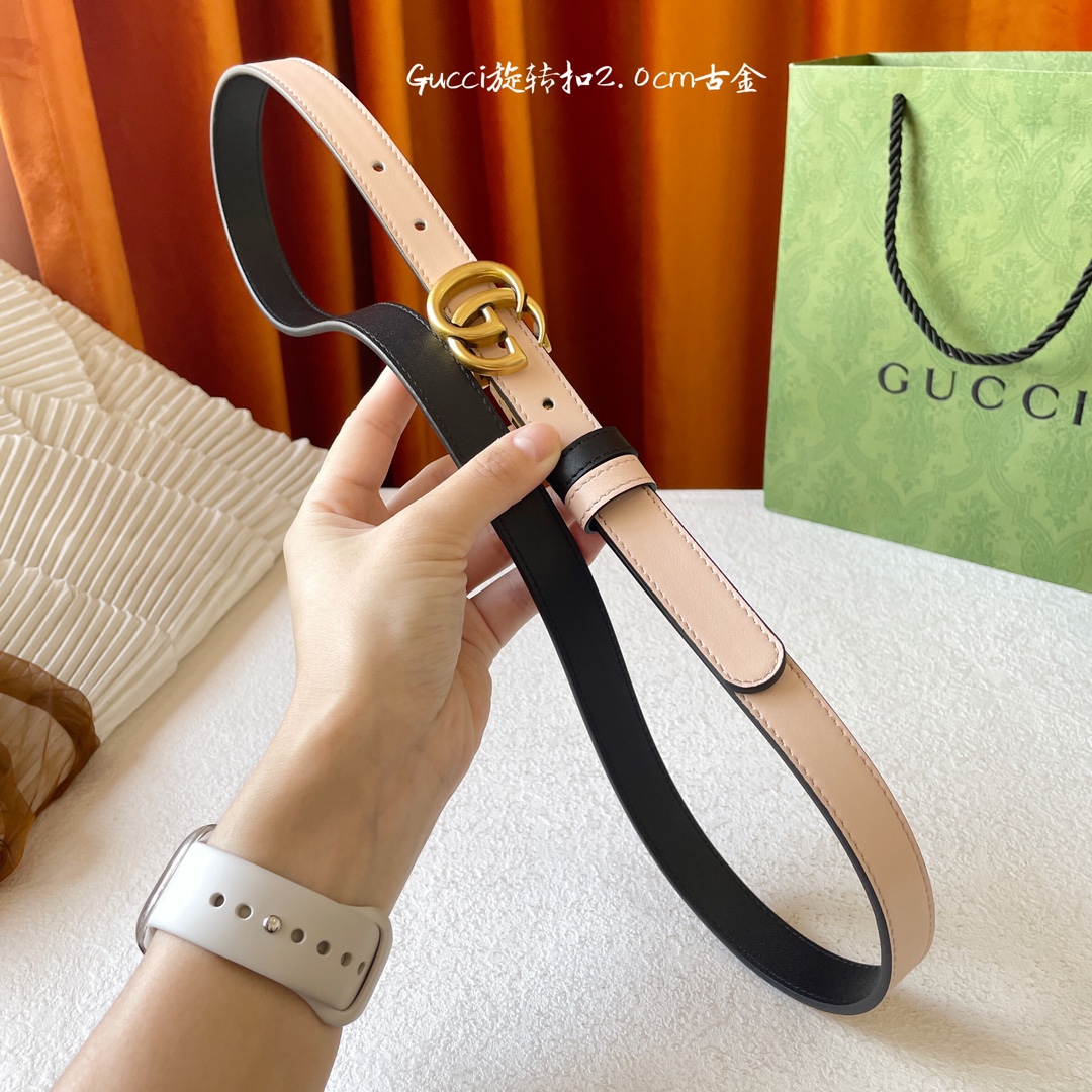 P155⛵️代购正品级 Gucci 古驰 女士腰带 新品 一面黑色平纹 另一面裸粉色平纹小牛皮 搭配可旋转精品铜扣 双面🉑️用 皮带宽2.0cm