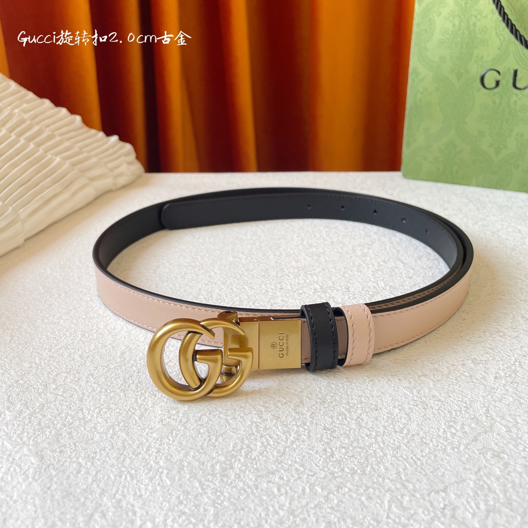 P155⛵️代购正品级 Gucci 古驰 女士腰带 新品 一面黑色平纹 另一面裸粉色平纹小牛皮 搭配可旋转精品铜扣 双面🉑️用 皮带宽2.0cm
