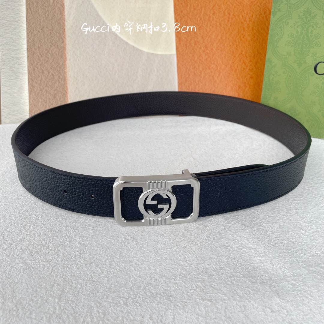Gucci经典原单品质荔枝纹搭配原单精品钢扣精工制作细节看图实物拍摄高端奢华宽度3.8cm
