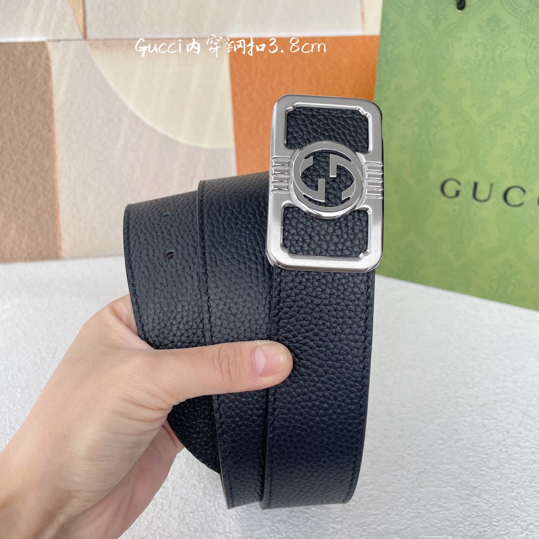 Gucci经典原单品质荔枝纹搭配原单精品钢扣精工制作细节看图实物拍摄高端奢华宽度3.8cm