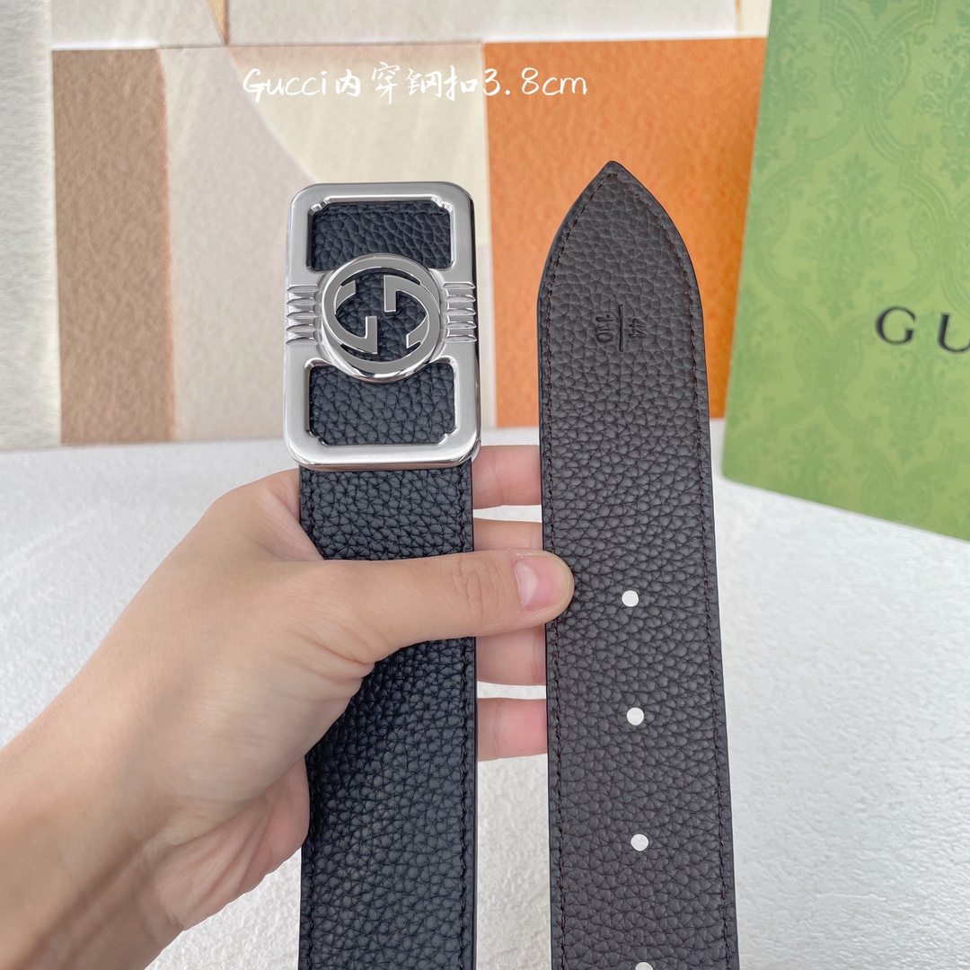 Gucci经典原单品质荔枝纹搭配原单精品钢扣精工制作细节看图实物拍摄高端奢华宽度3.8cm