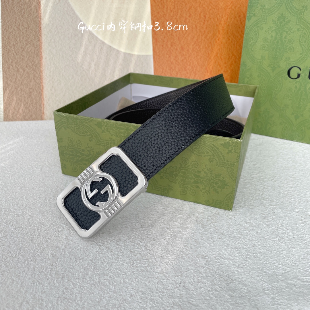 Gucci经典原单品质荔枝纹搭配原单精品钢扣精工制作细节看图实物拍摄高端奢华宽度3.8cm