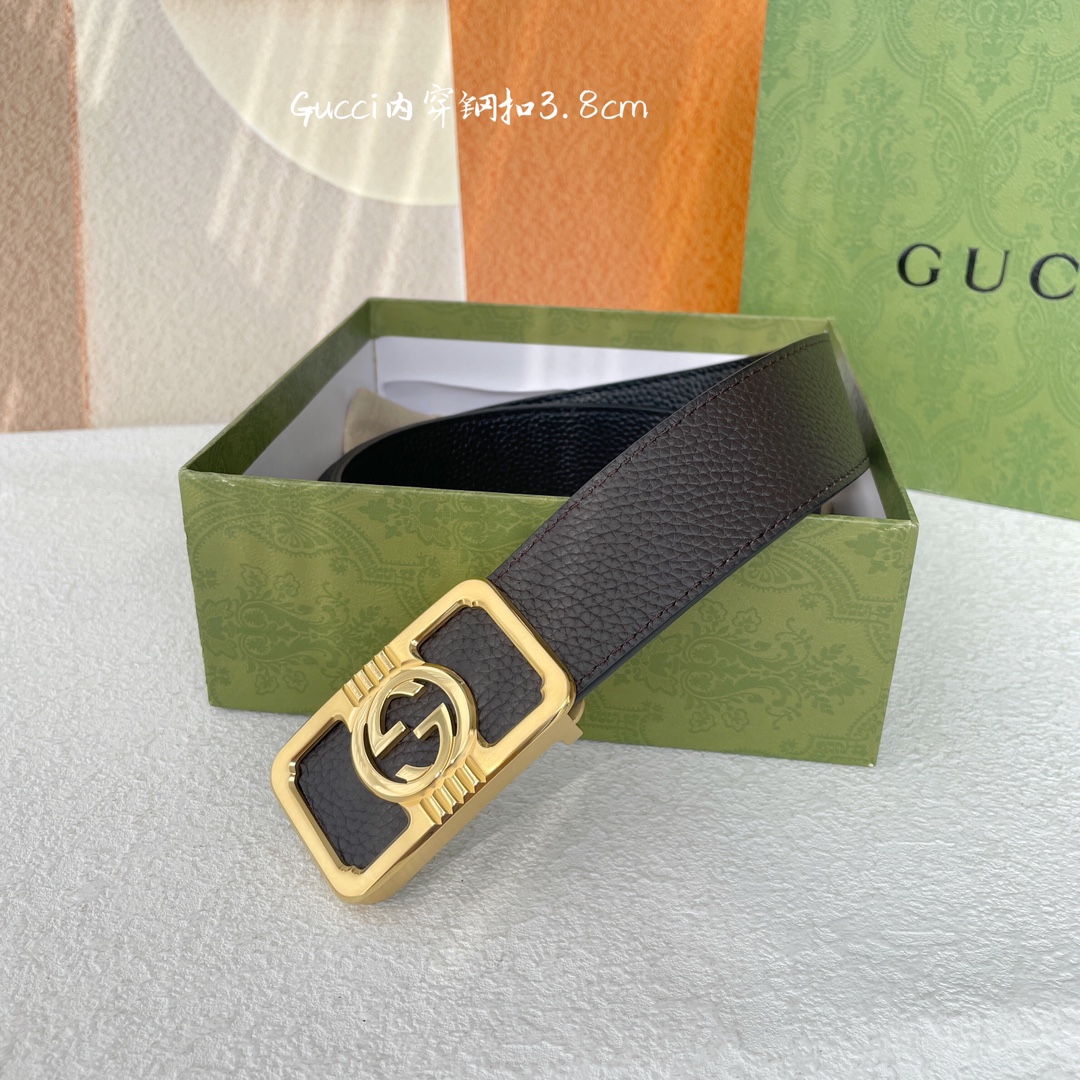 Gucci经典原单品质荔枝纹搭配原单精品钢扣精工制作细节看图实物拍摄高端奢华宽度3.8cm