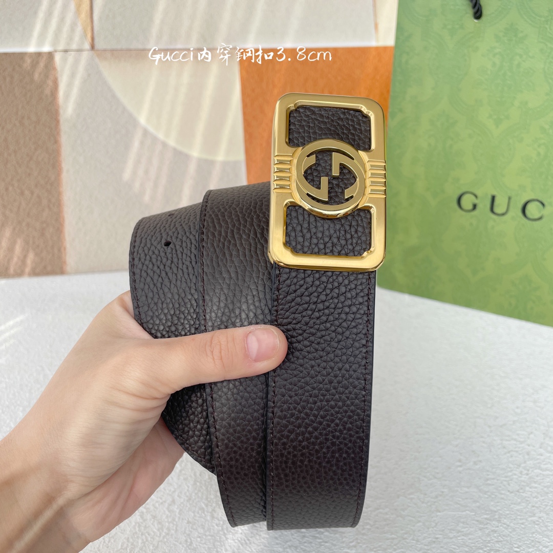 Gucci经典原单品质荔枝纹搭配原单精品钢扣精工制作细节看图实物拍摄高端奢华宽度3.8cm
