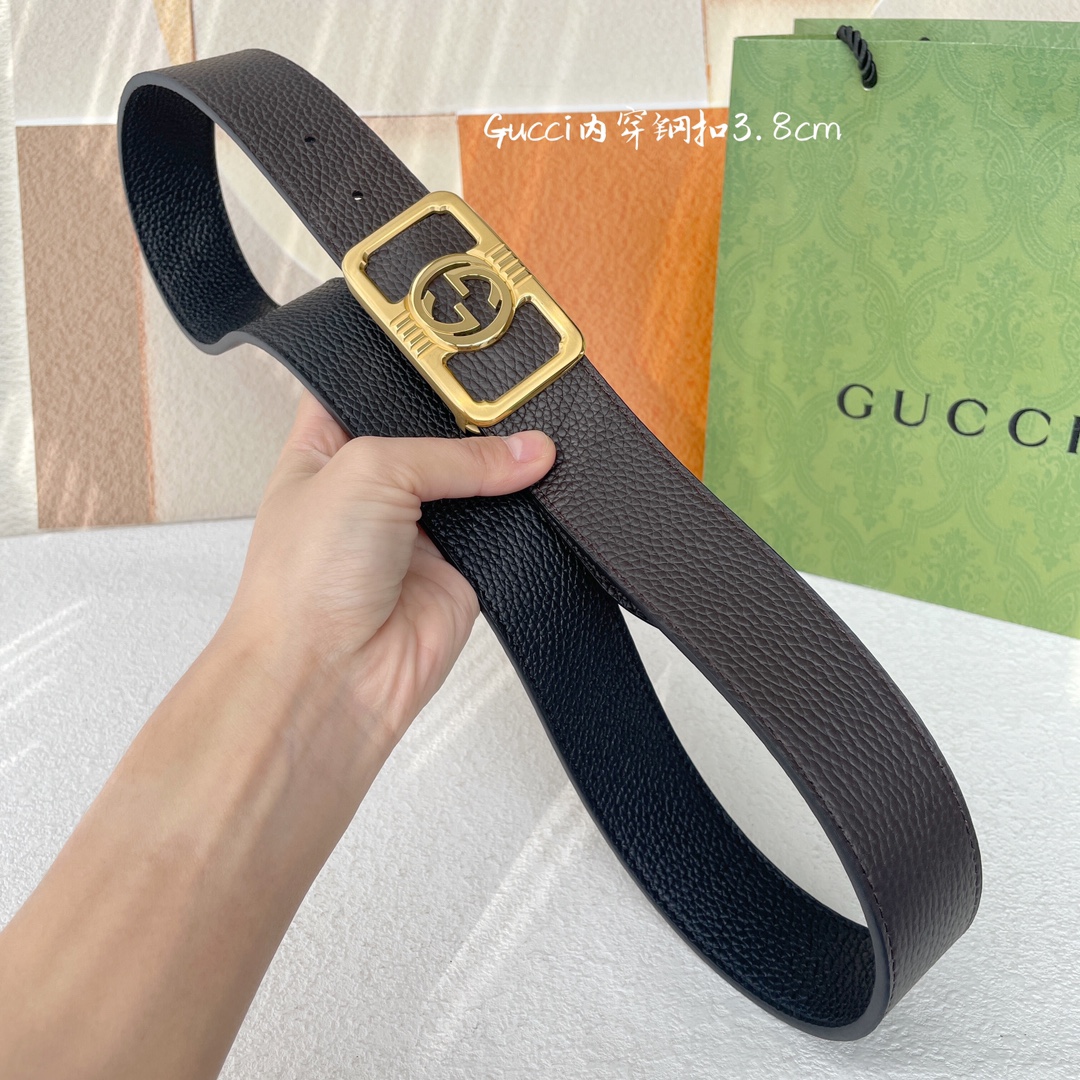 Gucci经典原单品质荔枝纹搭配原单精品钢扣精工制作细节看图实物拍摄高端奢华宽度3.8cm