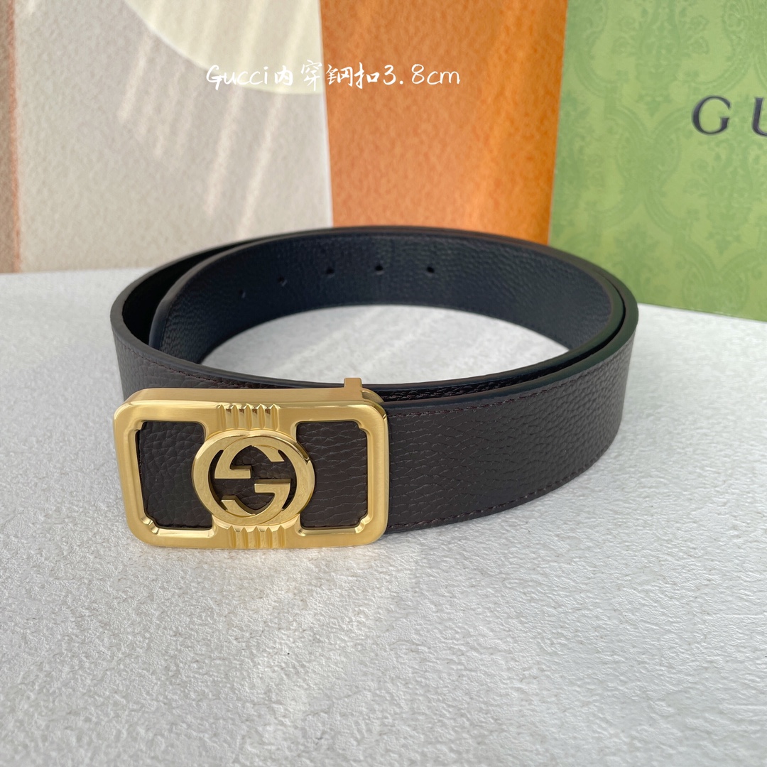 Gucci经典原单品质荔枝纹搭配原单精品钢扣精工制作细节看图实物拍摄高端奢华宽度3.8cm