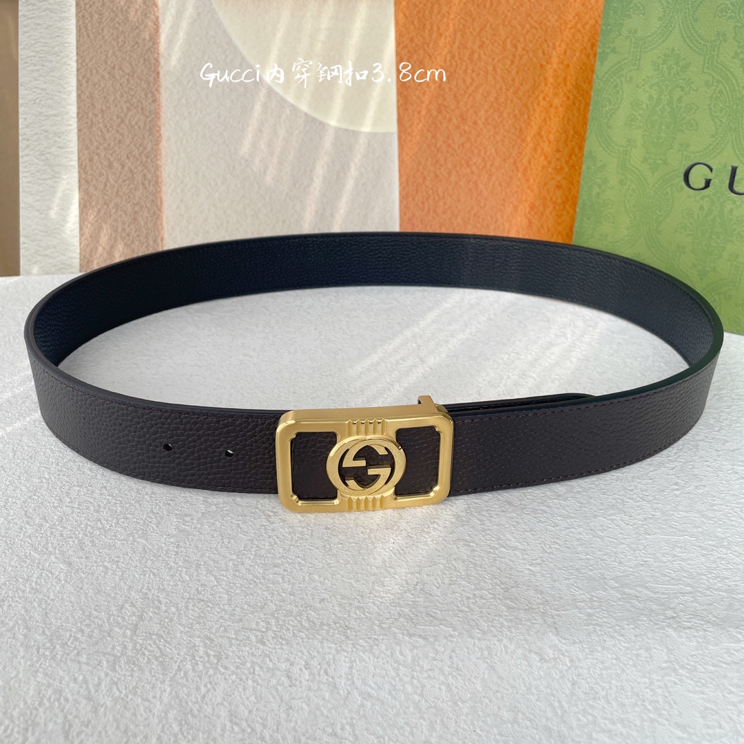 Gucci经典原单品质荔枝纹搭配原单精品钢扣精工制作细节看图实物拍摄高端奢华宽度3.8cm