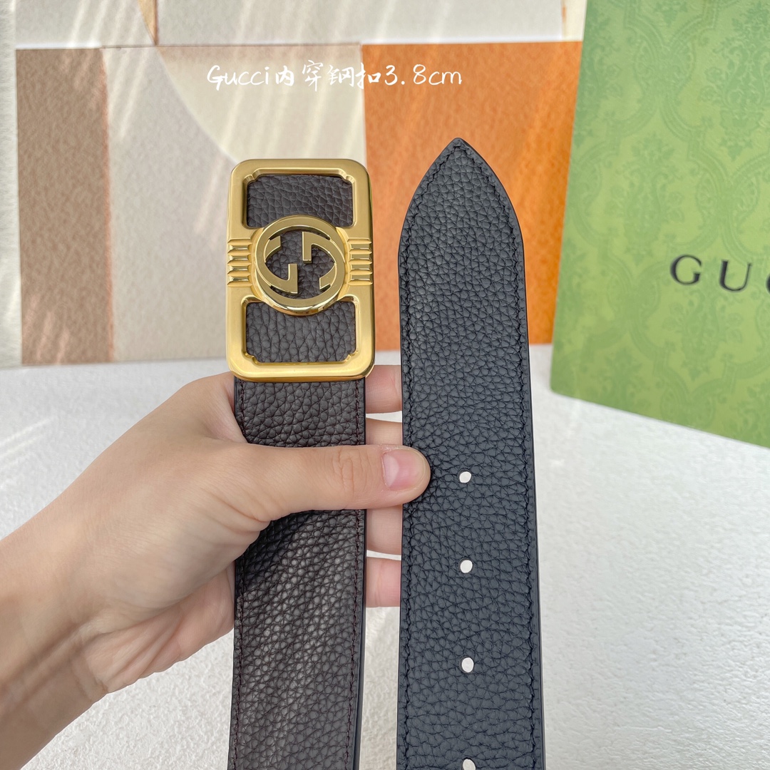 Gucci经典原单品质荔枝纹搭配原单精品钢扣精工制作细节看图实物拍摄高端奢华宽度3.8cm