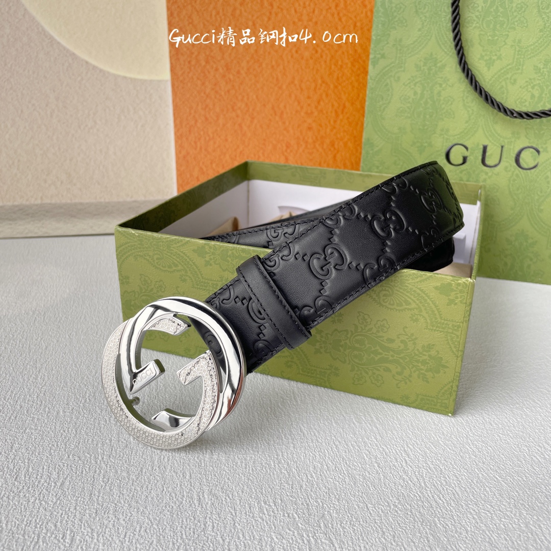 Gucci[正]经典款进口原厂压花面搭配原版皮底精品钢扣宽4.0Cm经典永不过时款潮流大方时尚百搭