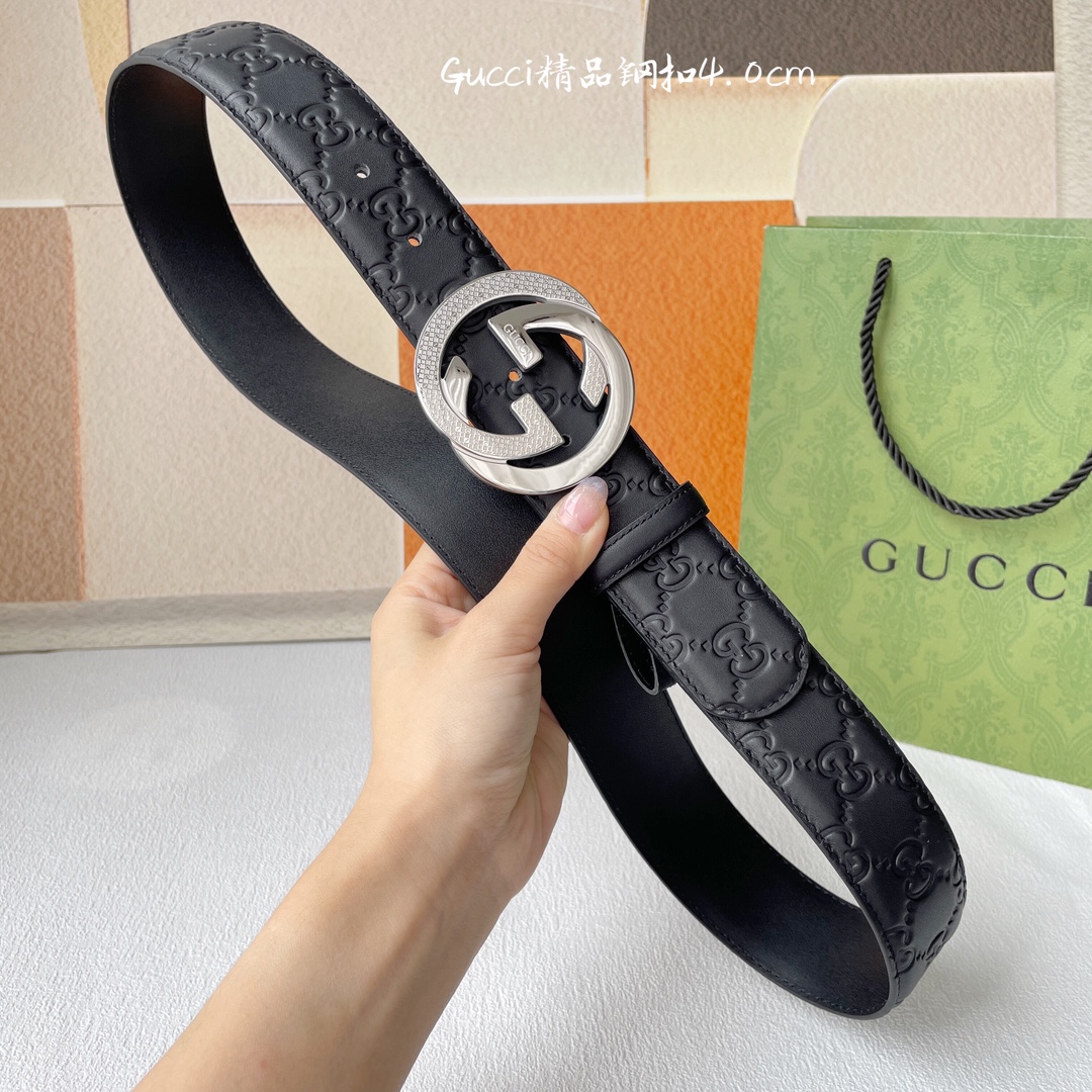 Gucci[正]经典款进口原厂压花面搭配原版皮底精品钢扣宽4.0Cm经典永不过时款潮流大方时尚百搭