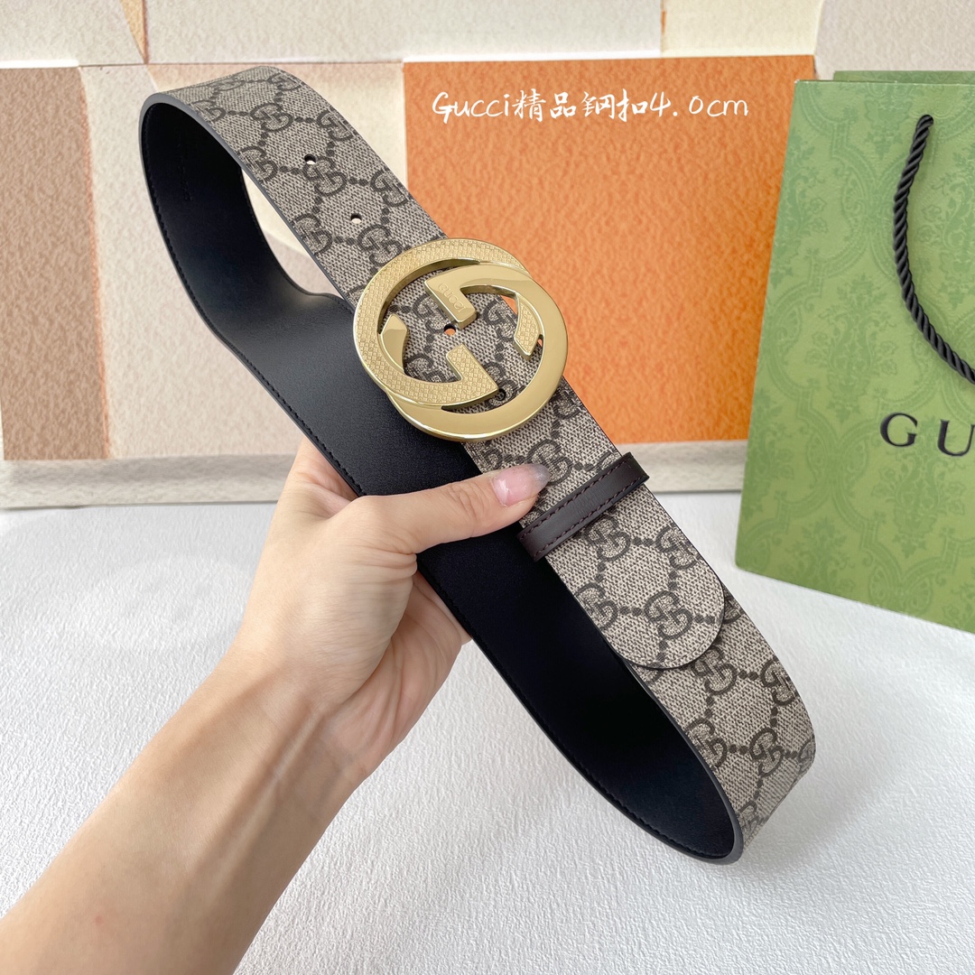 Gucci[正]经典款进口原厂压花面搭配原版皮底精品钢扣宽4.0Cm经典永不过时款潮流大方时尚百搭