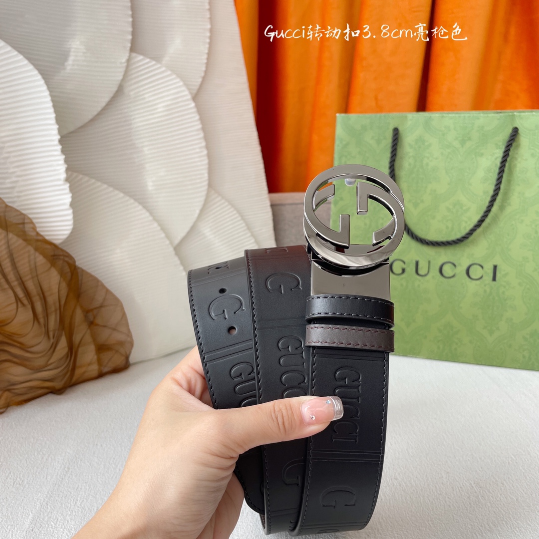 Gucci新款压花腰带底部为咖色牛皮压小花搭配专柜精品旋转扣宽3.8cm