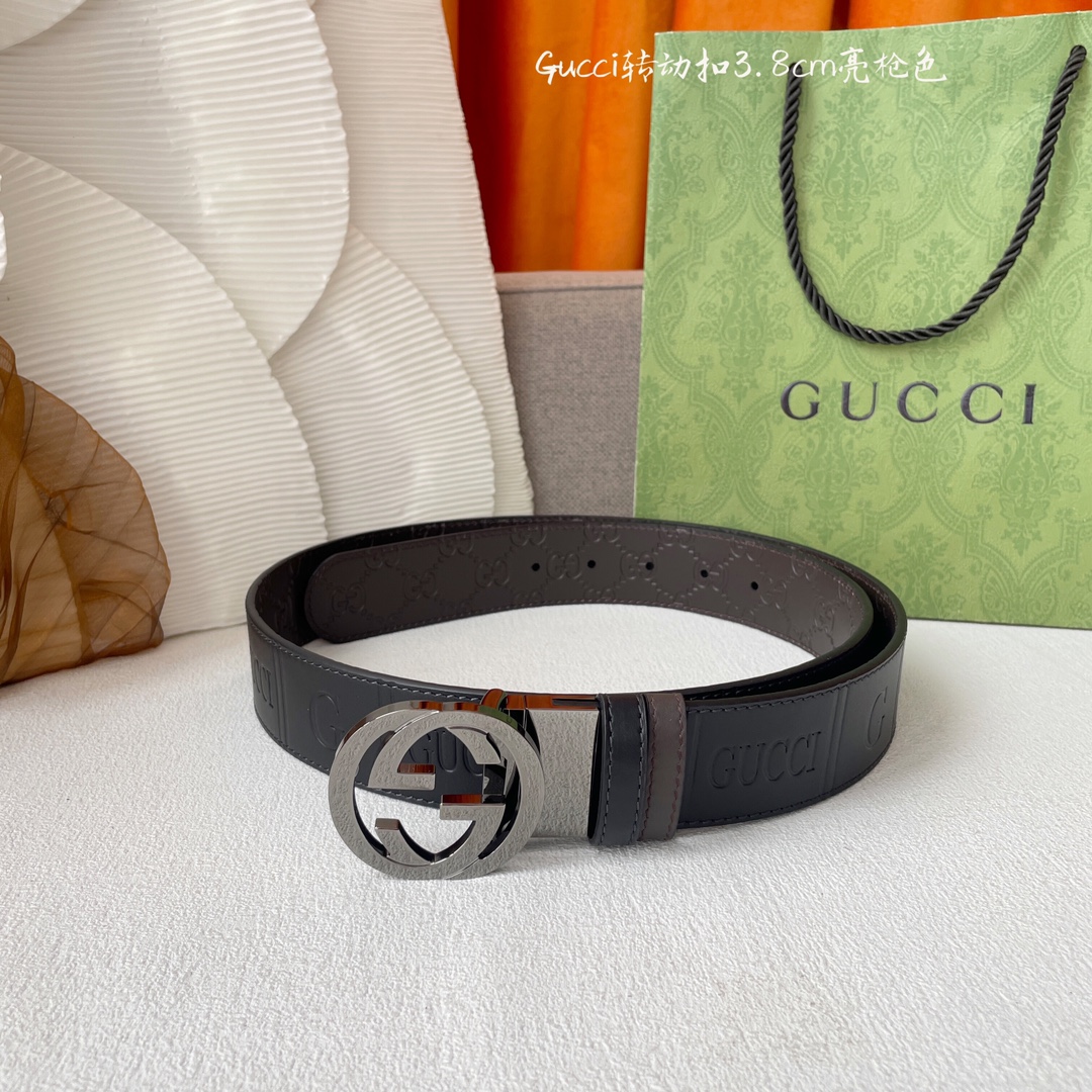 Gucci新款压花腰带底部为咖色牛皮压小花搭配专柜精品旋转扣宽3.8cm