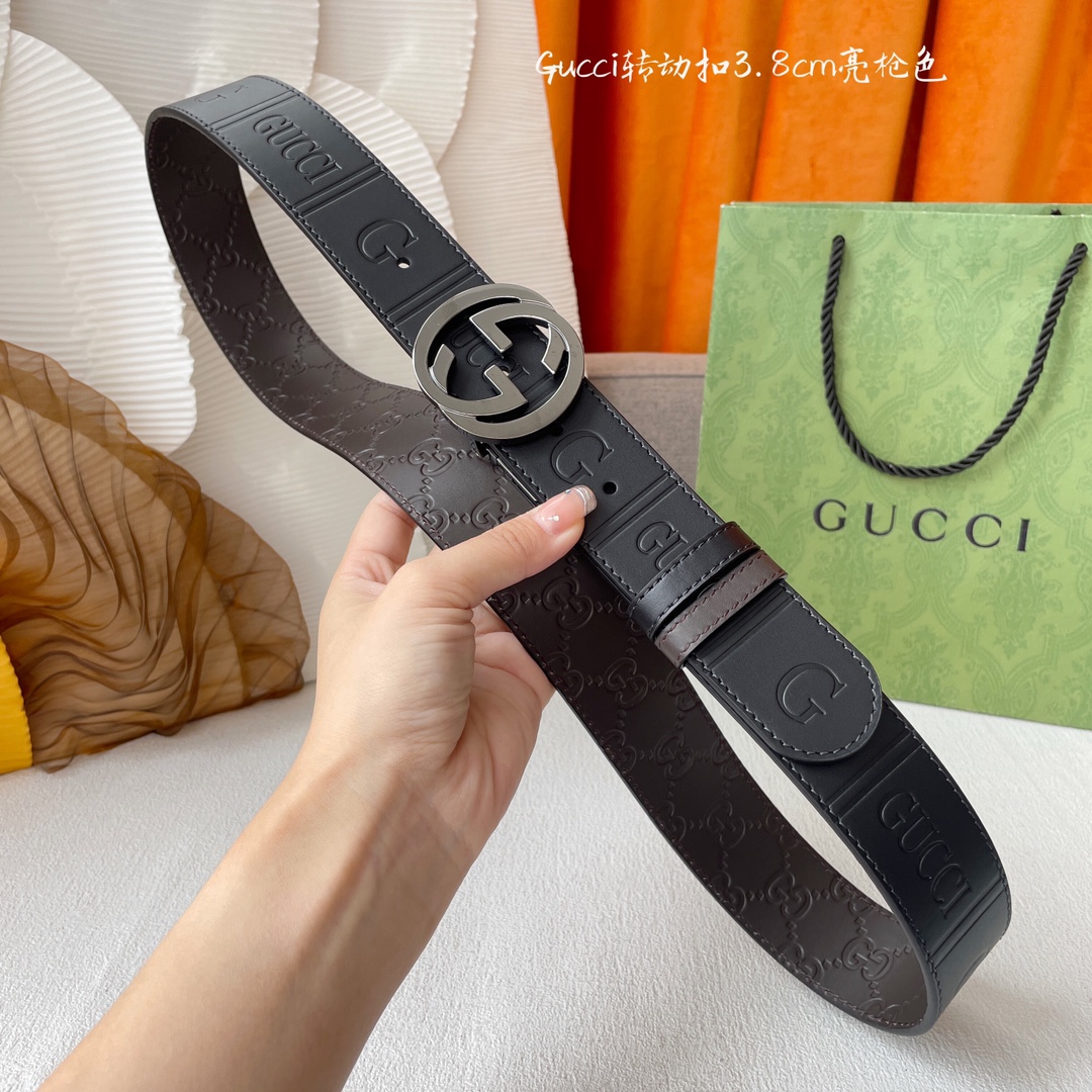 Gucci新款压花腰带底部为咖色牛皮压小花搭配专柜精品旋转扣宽3.8cm
