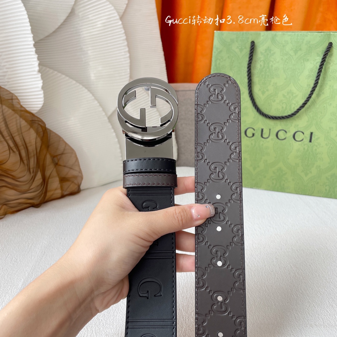 Gucci新款压花腰带底部为咖色牛皮压小花搭配专柜精品旋转扣宽3.8cm