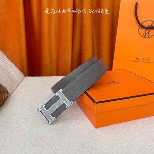 Hermes Men's 3.8cm Gray Leather Belt with Silver Buckle