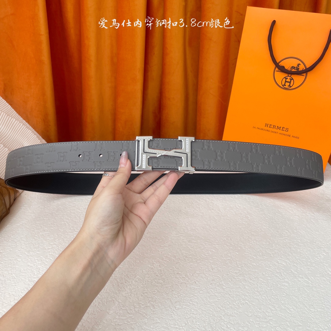Hermes Men's Belt, 3.8cm, Italian Leather, Silver Buckle with Embossed Logo 6 i1750497238 2191 4