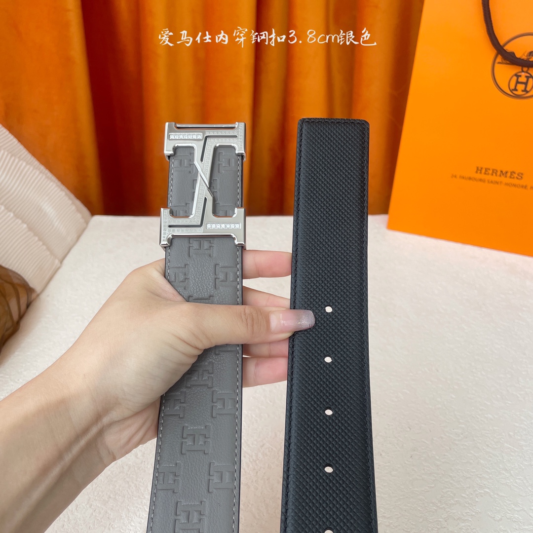 Hermes Men's Belt, 3.8cm, Italian Leather, Silver Buckle with Embossed Logo 5 i1750497238 5042 3