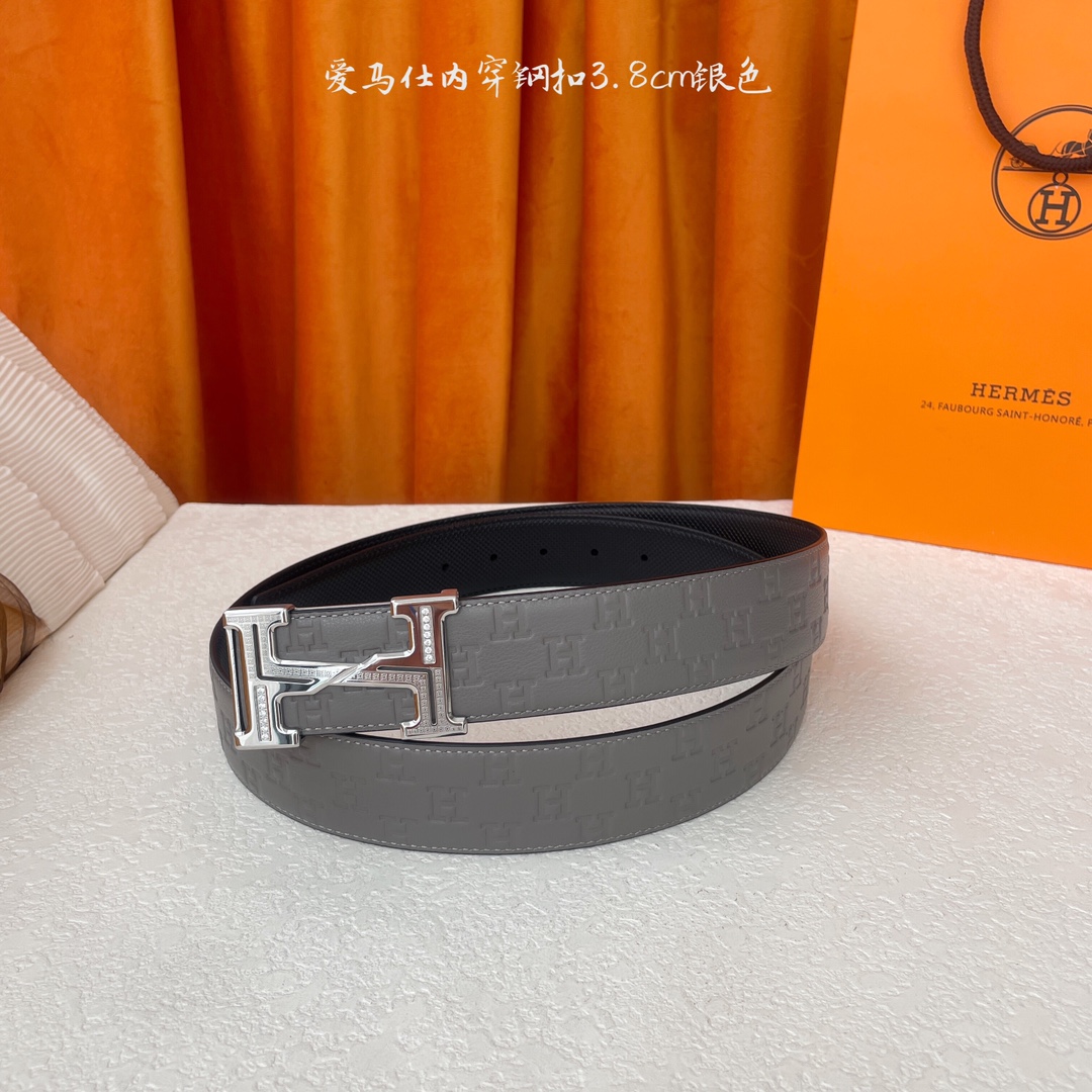 Hermes Men's Belt, 3.8cm, Italian Leather, Silver Buckle with Embossed Logo 3 i1750497238 6909 2