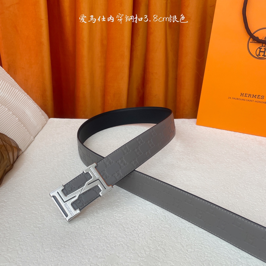 Hermes Men's Belt, 3.8cm, Italian Leather, Silver Buckle with Embossed Logo 4 i1750497238 7398 0