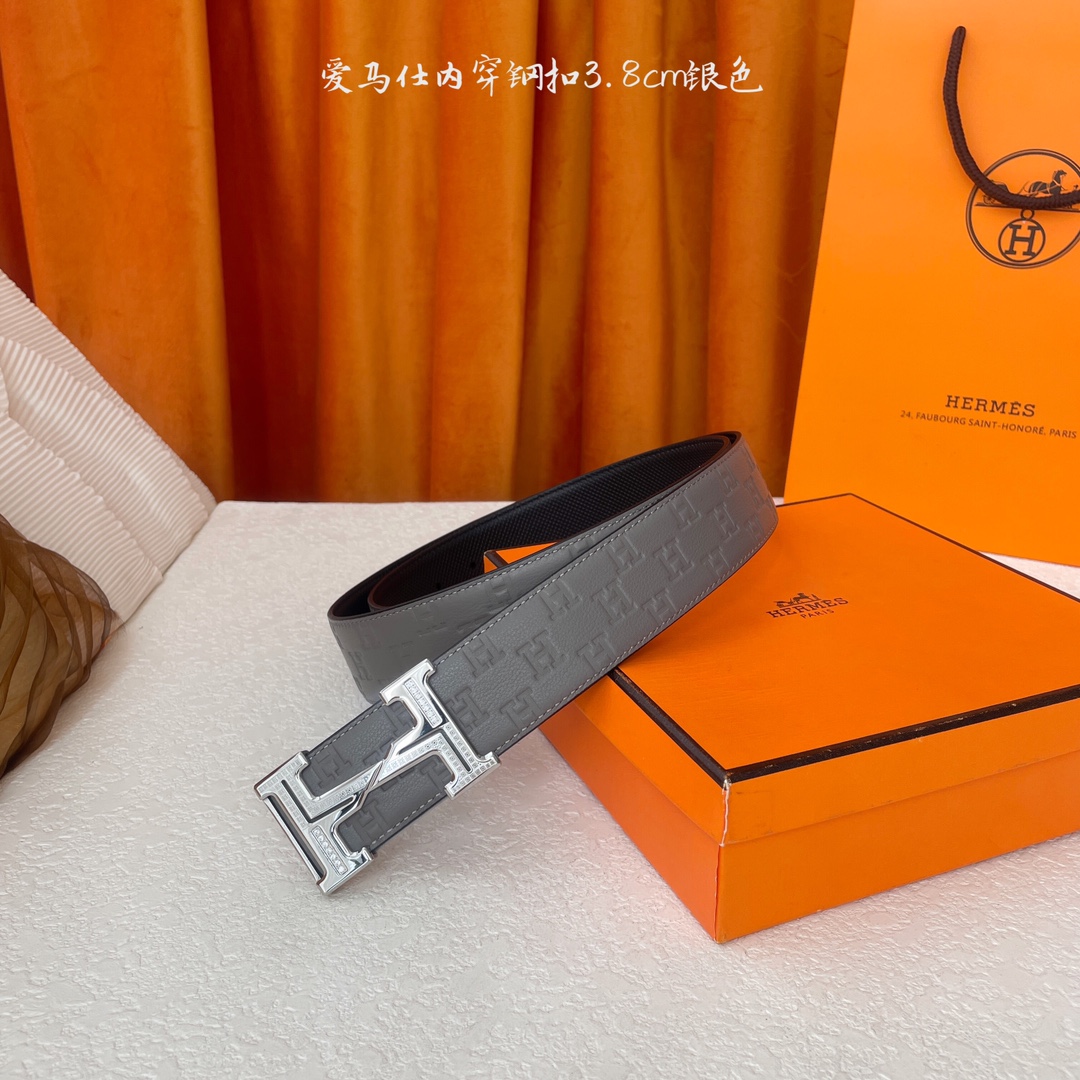 Hermes Men's Belt, 3.8cm, Italian Leather, Silver Buckle with Embossed Logo 2 i1750497238 948 5