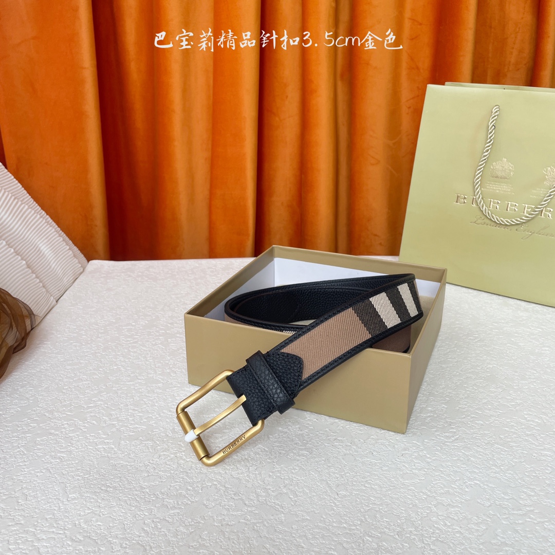  Burberry  巴宝莉专柜同步平滑皮革腰带  搭配精品针扣  装饰品牌经典格纹  宽度3.5cm 